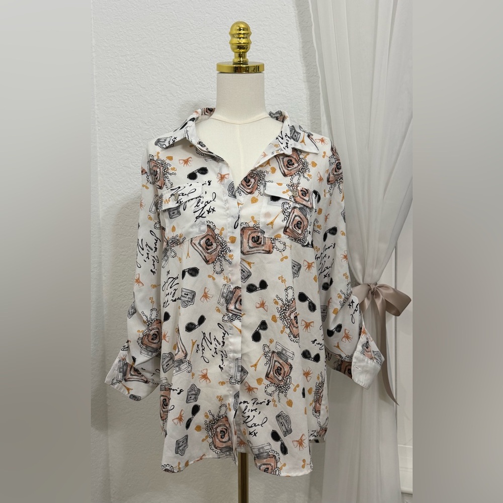NEW Karl Lagerfeld Paris Blouse Luxury Signature Perfume Sunglass Print Size L